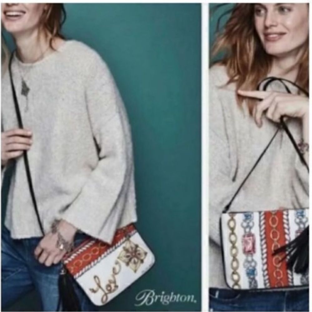 Brighton Women’s Small Crossbody Glitter and Go Pouch White Red with Tassel - Picture 4 of 16